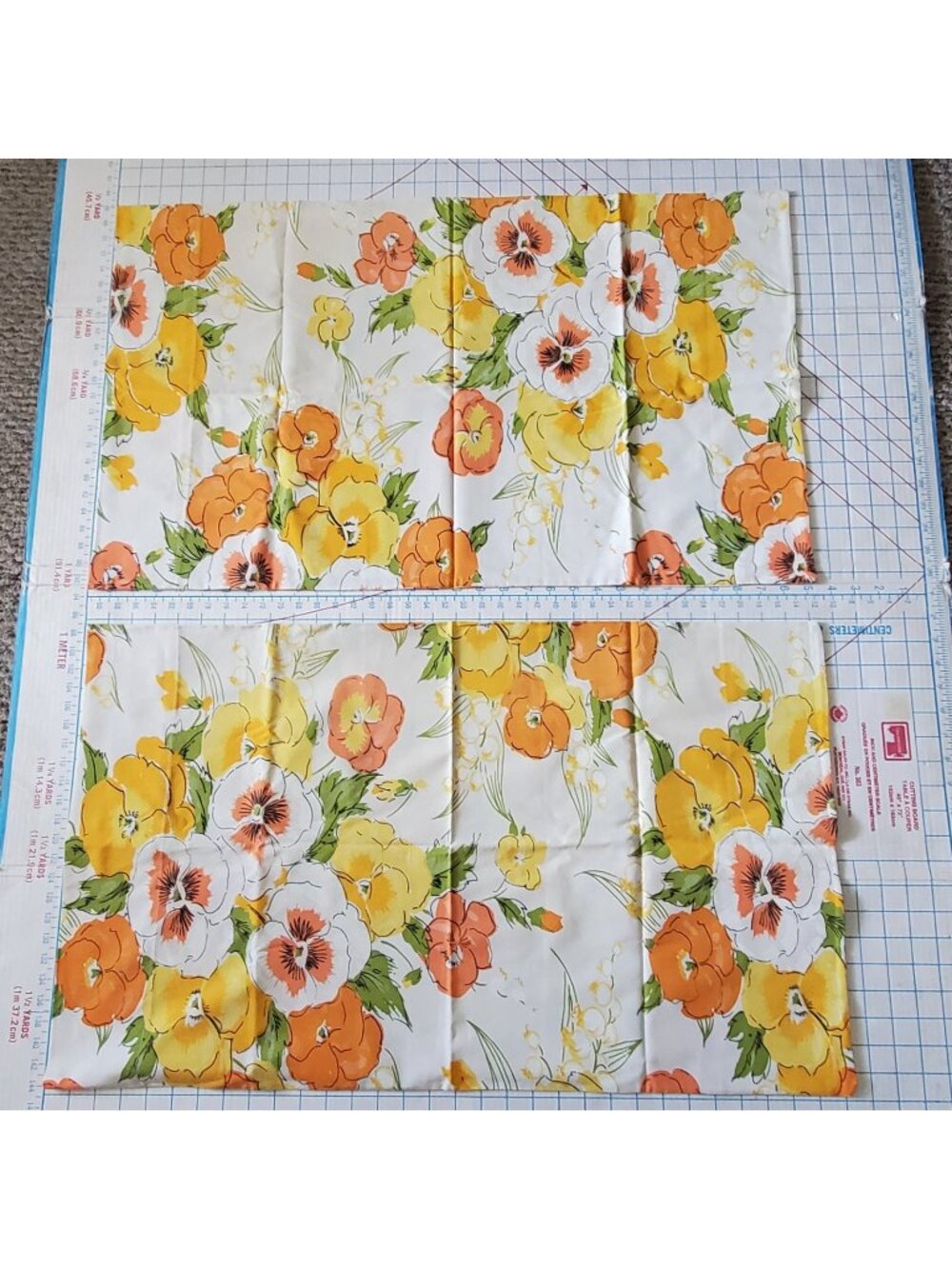 2 Cannon Pansy Pillowcases 1970s 31"x19" Vintage Orange Mod Flower Power Floral